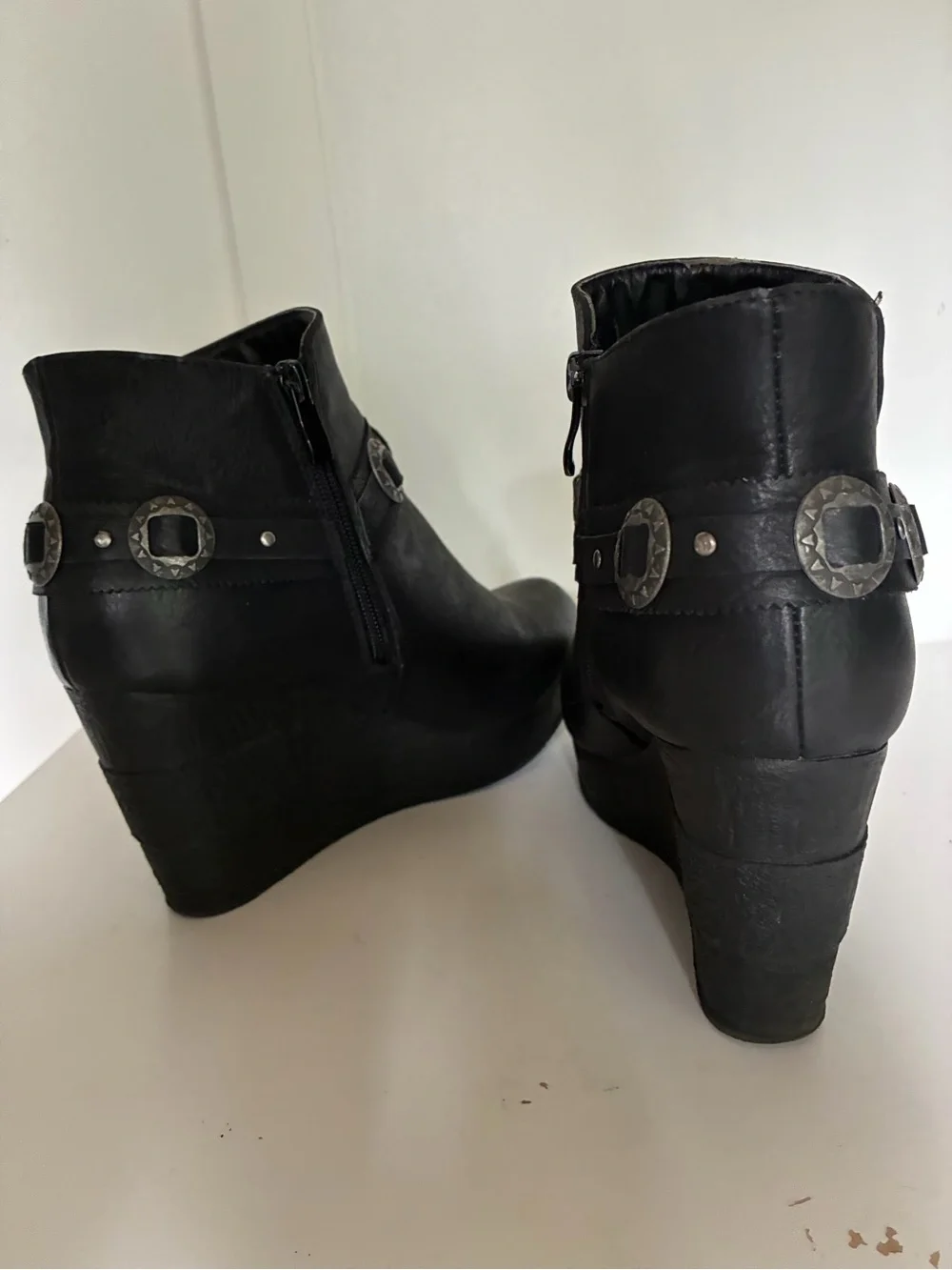 Sbicca Black Wedge Ankle Booties with Studded Harness Detail